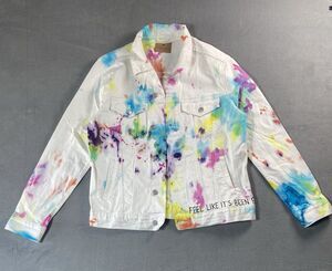 Wren + Glory Hand Painted White Denim Jacket M NWT Colorful Splatter Art